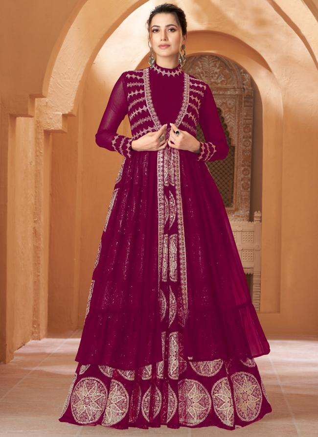 Real Georgette Plum Wedding Wear Sequins Work Anarkali With Shrug And Dupatta